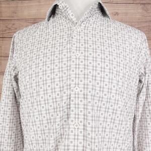 Bugatchi Uomo Shirt Mens Medium Gray White Shaped Fit Gingham Long Sleeve Cotton